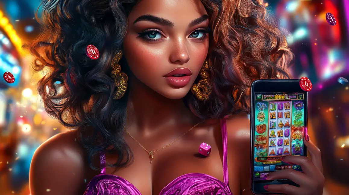 A glamorous woman with curly hair holds a smartphone showing a vibrant slot game, with dice and chips floating around, inviting you to play exciting mobile casino games at 77ABC VIP.