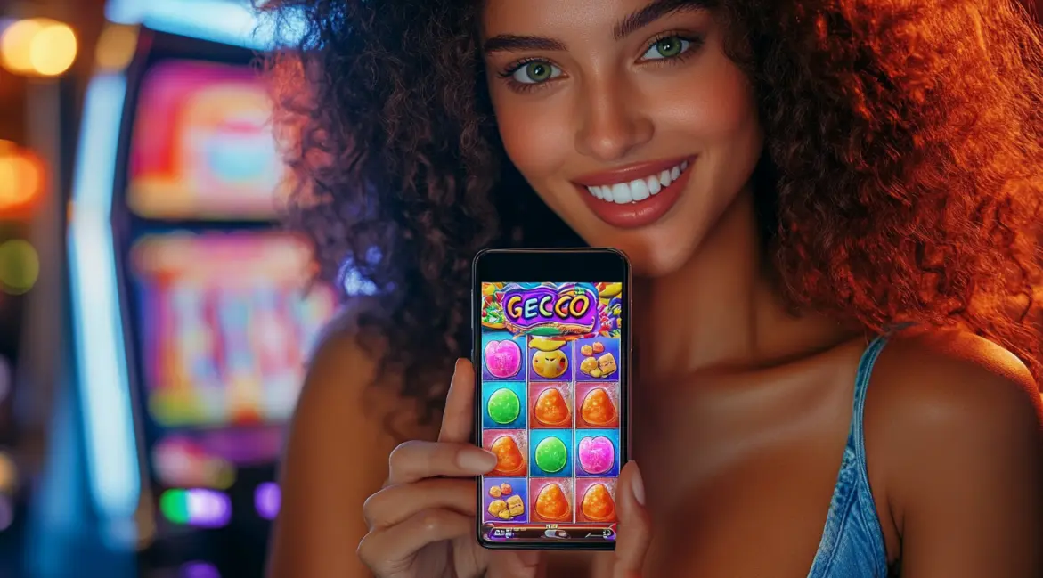 In a packed stadium, a woman holds a phone with a sports betting app, showcasing the thrilling live betting experience and instant access to odds you get with 77ABC VIP.