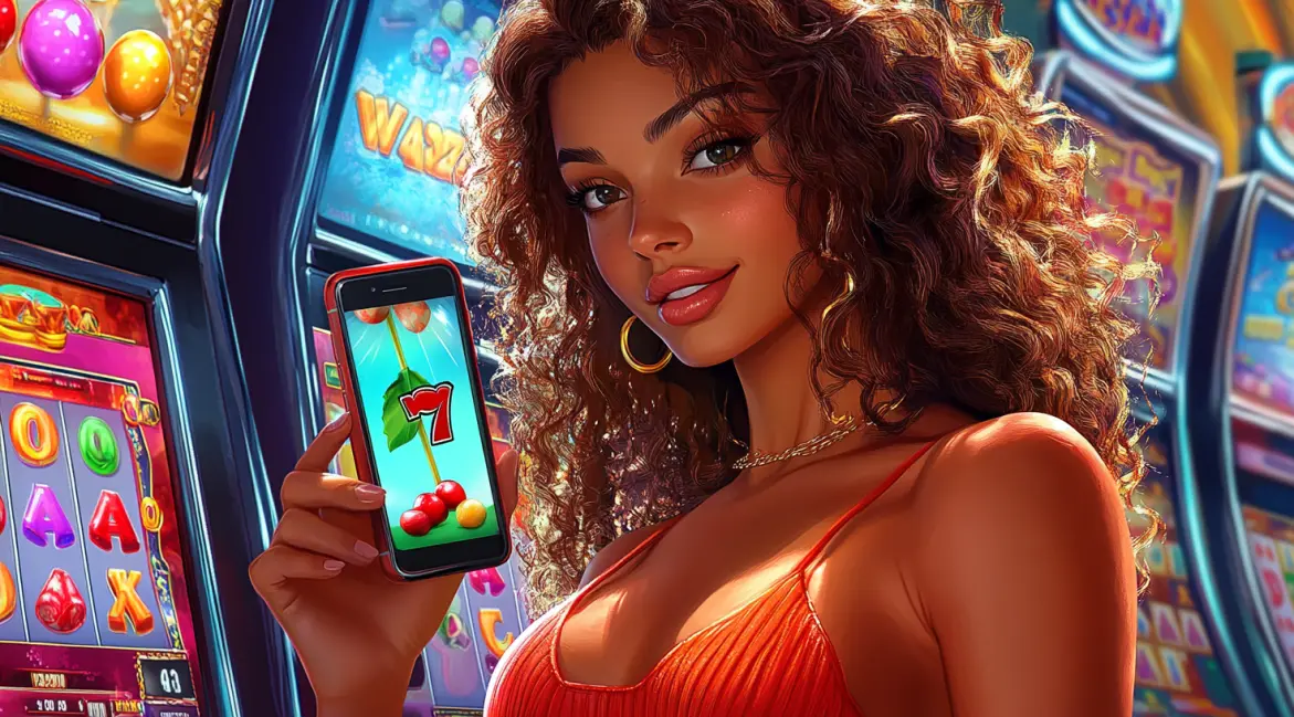 A woman with curly red hair shows a 'GECCO' slot game on her phone, one of the many fun and colorful mobile games you can play for big wins on the 77ABC VIP app.