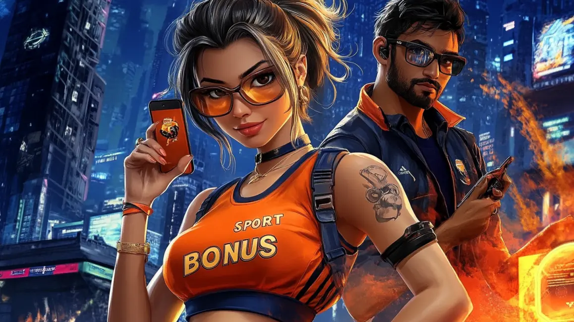 A stylish couple in sports gear is ready for action, with a 'SPORT BONUS' sign, highlighting the generous bonuses for sports betting fans at 77ABC VIP.