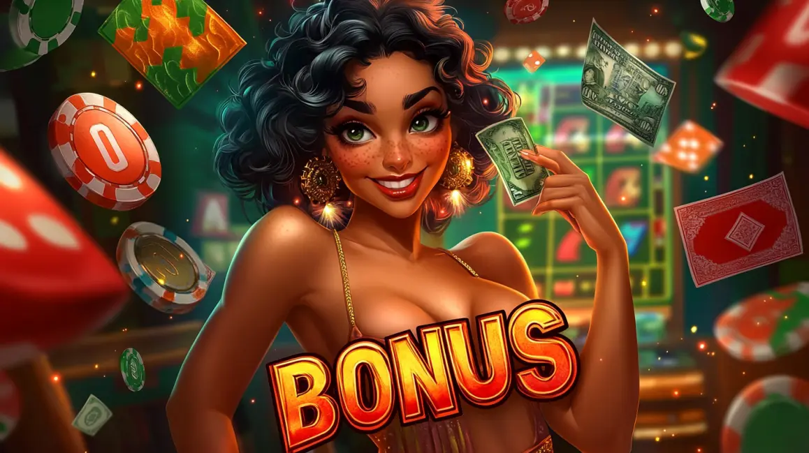 A happy woman with blue hair holds cash and chips, with a 'BONUS' sign, celebrating a big win from a generous promotion at the fun and festive 77ABC VIP casino.