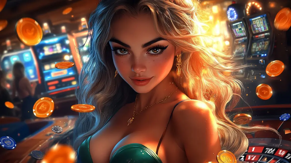 A beautiful woman with glowing red hair is surrounded by a shower of gold coins in the vibrant 77ABC VIP casino, where magical wins and exciting jackpots are always possible.
