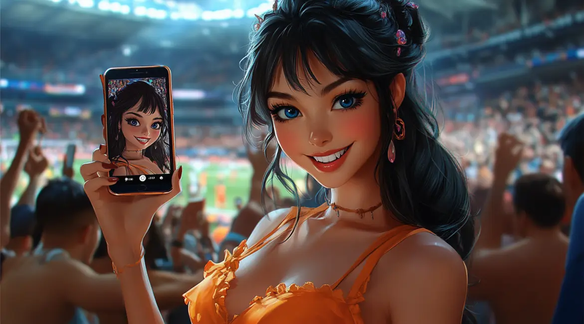 A woman holds a phone showing a candy-themed slot game, surrounded by a cosmic swirl of sweets, inviting you to a universe of delicious wins at 77ABC VIP.