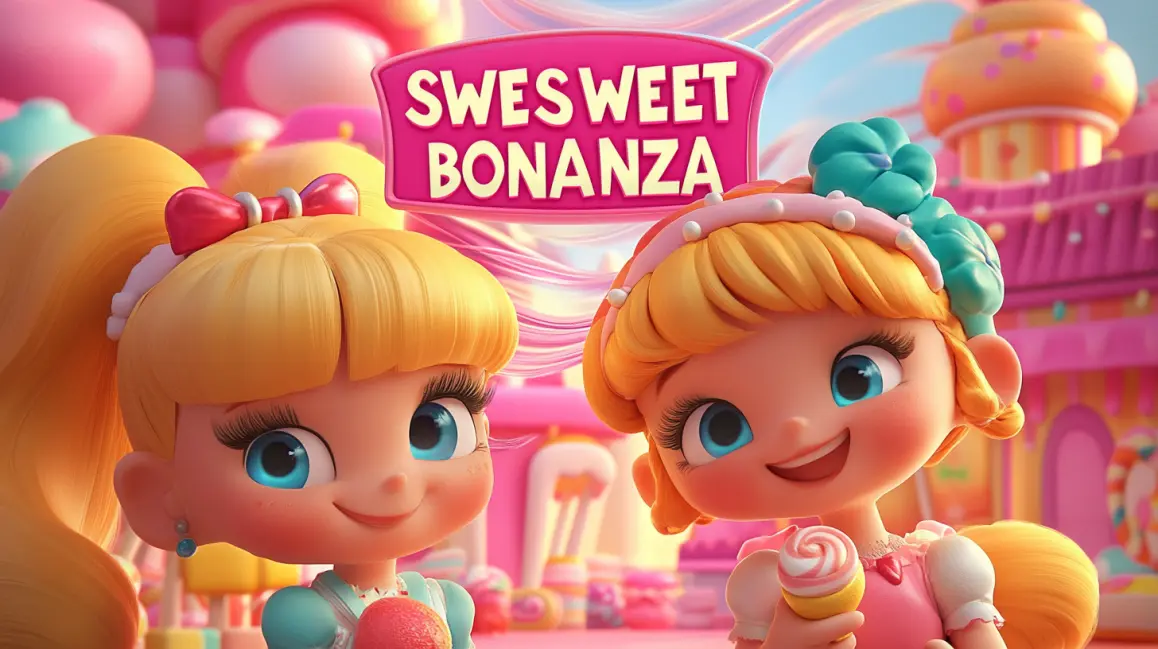 Two cute anime girls enjoy cupcakes in a candy shop in the 'Swesweet Bonanza' slot game, one of the most popular and delicious adventures you can play at 77ABC VIP.