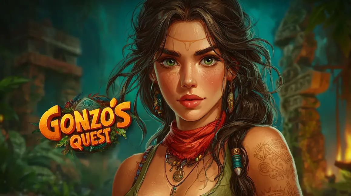 An adventurer from the 'Gonzo's Quest' slot game is featured next to a beautiful woman, inviting you to join the quest for El Dorado and find hidden treasures at 77ABC VIP.