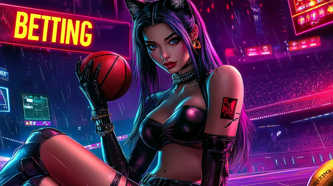 A trendy woman with cat ears and a 'BETTING' t-shirt uses her phone in a stadium, ready to place her bets and win big on her favorite teams with the 77ABC VIP app.
