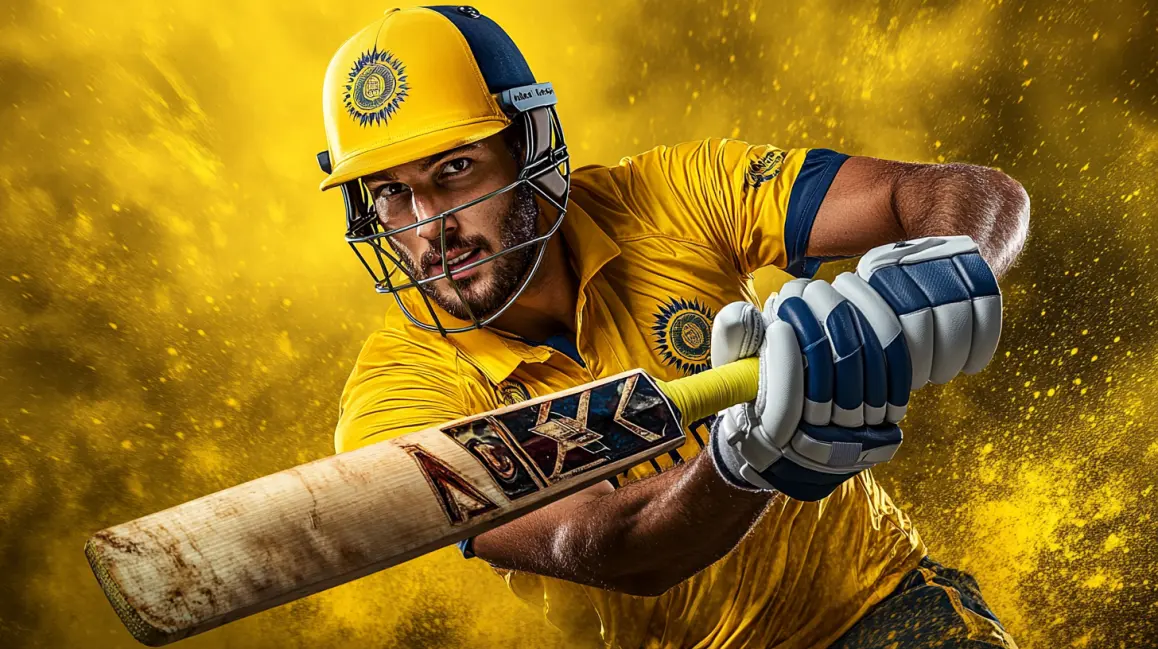 A professional cricket player in a yellow jersey takes a powerful swing, capturing the dynamic action and big betting opportunities you can find at 77ABC VIP.