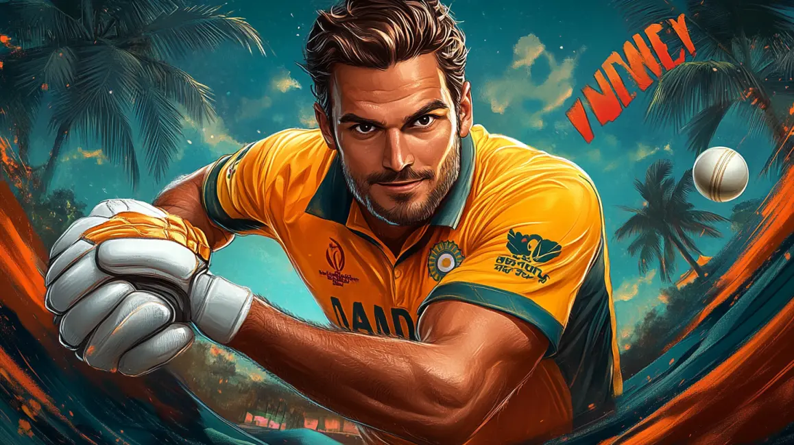 A handsome cricket player in a tropical setting represents the international cricket matches from around the world that you can bet on with the 77ABC VIP sports app.