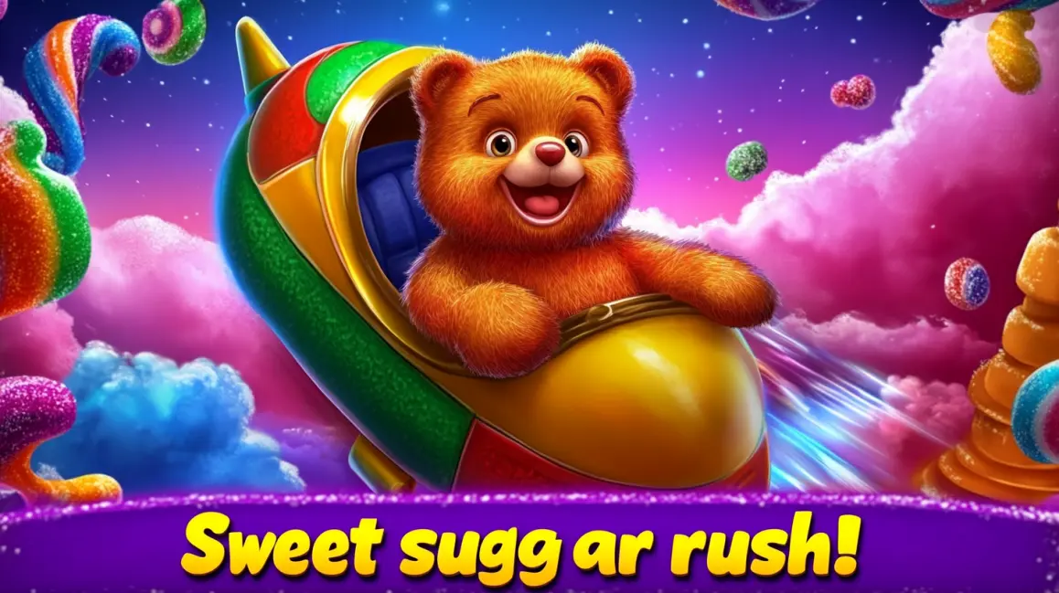 A cute teddy bear flies a candy-filled spaceship in the 'Sweet suggar rush!' game, a delightful slot adventure with delicious wins available to play now at 77ABC VIP.