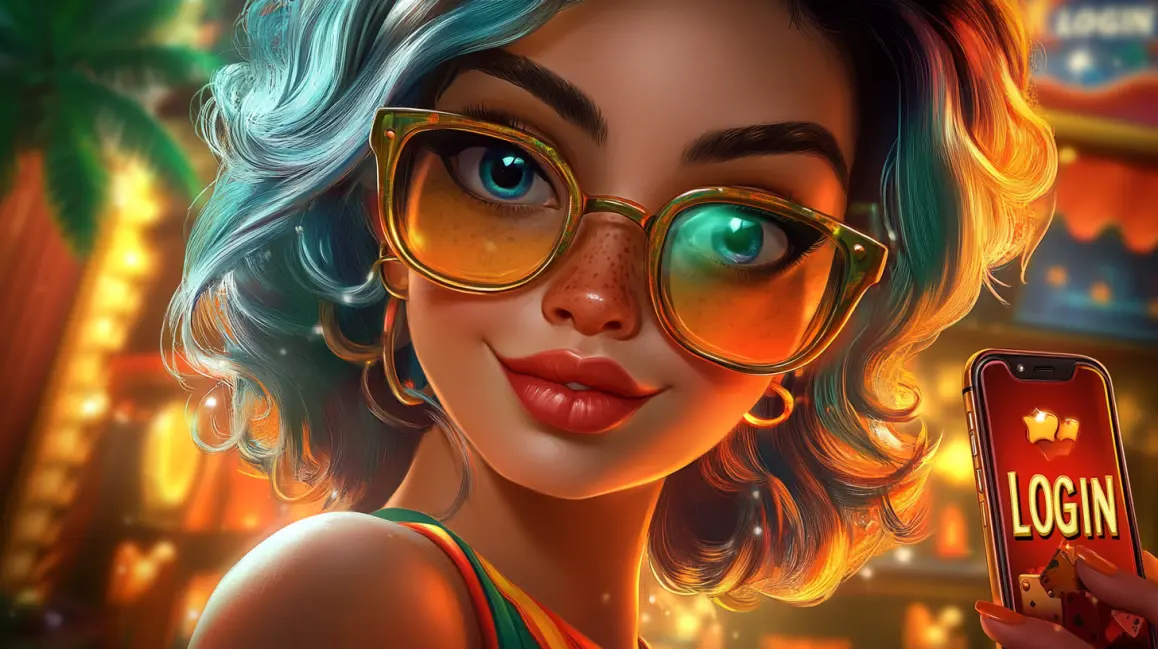 A stylish woman with blue hair and sunglasses holds a phone with a 'LOGIN' button, inviting you to sign in to your 77ABC VIP account for a fun and rewarding tropical gaming session.