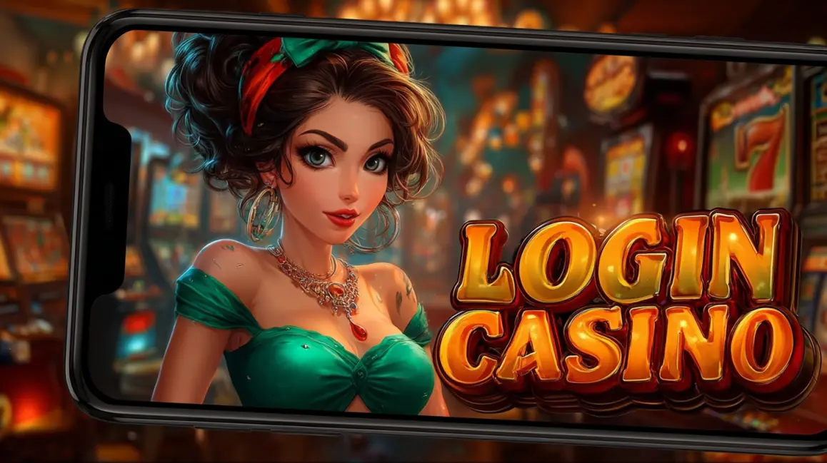 An animated woman is framed by a phone screen showing a 'LOGIN CASINO' sign, inviting you to sign in to the fun and vibrant world of 77ABC VIP online casino games.
