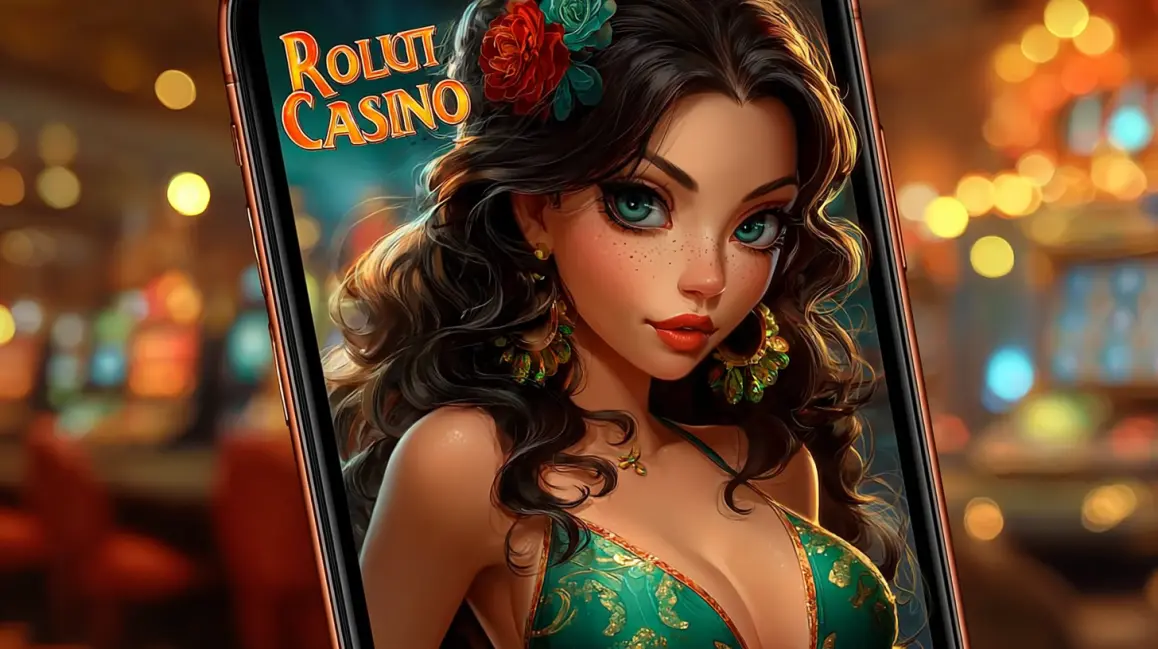 A beautiful woman with red hair is featured on a mobile phone screen for the 'Rolut Casino', inviting you to spin the wheel and win big at 77ABC VIP's live roulette.