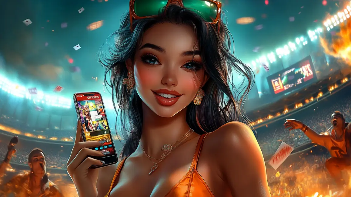 A stylish woman holds a phone with a fun slot game, with the word 'APP' in large letters, inviting you to download the 77ABC VIP app for a vibrant gaming experience.